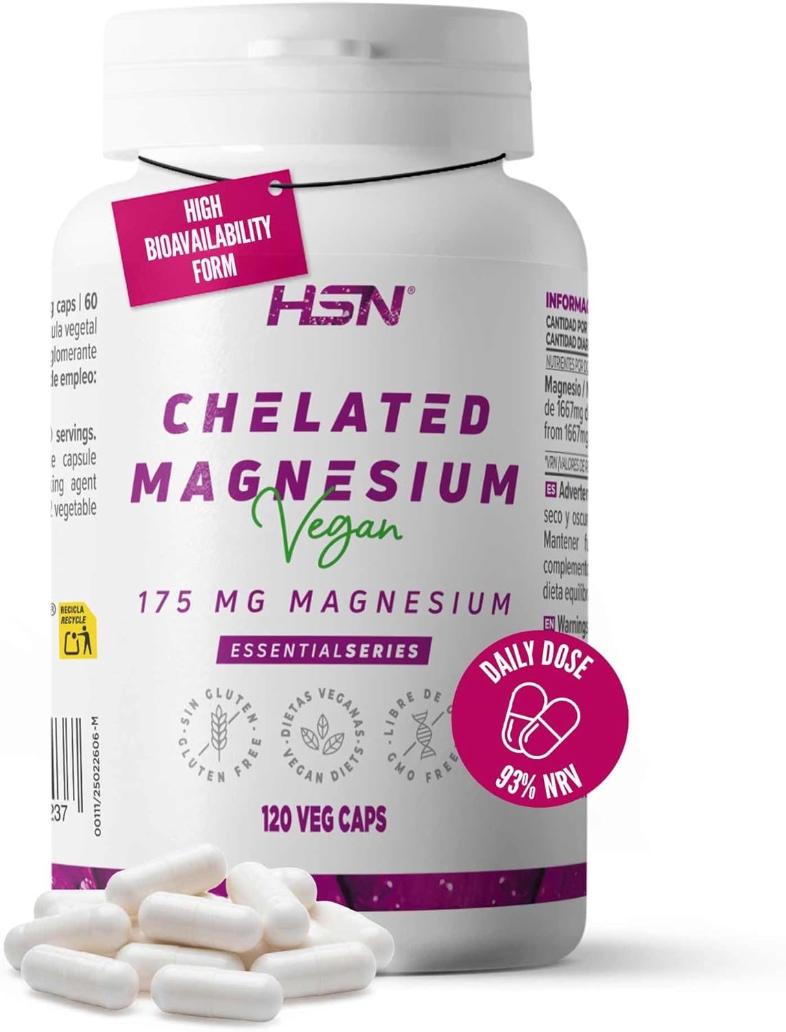 Suplemento de Magnesio HSN - 350mg - 120 Cápsulas Vegetales