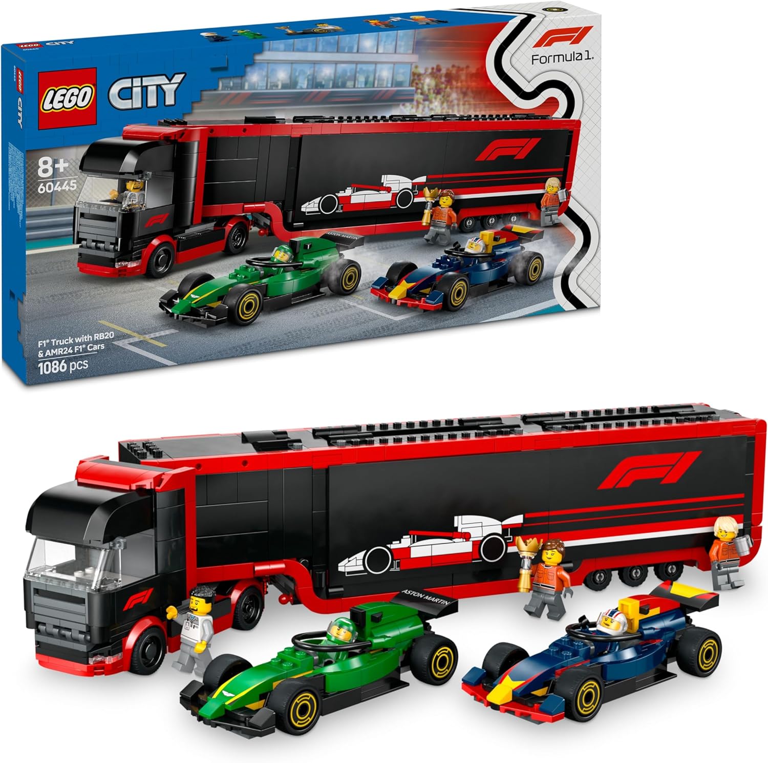 Camión F1 LEGO City con coches Red Bull y Aston Martin